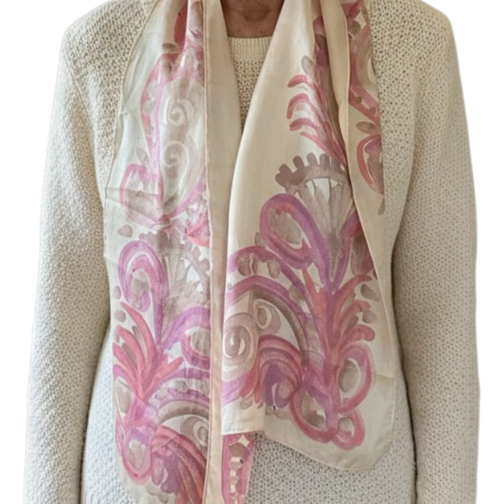 Vintage Una Scarf Silk Cream Tan Pink Long Skinny